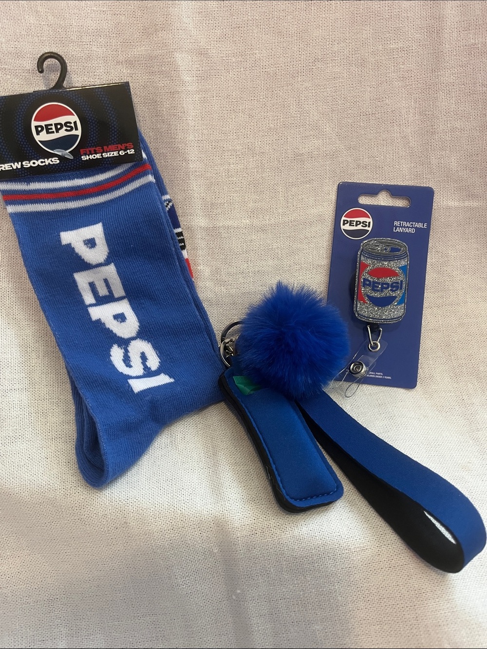 Vintage Pepsi Blue Crew Socks with Branded Lanyard & Pom Keychain
